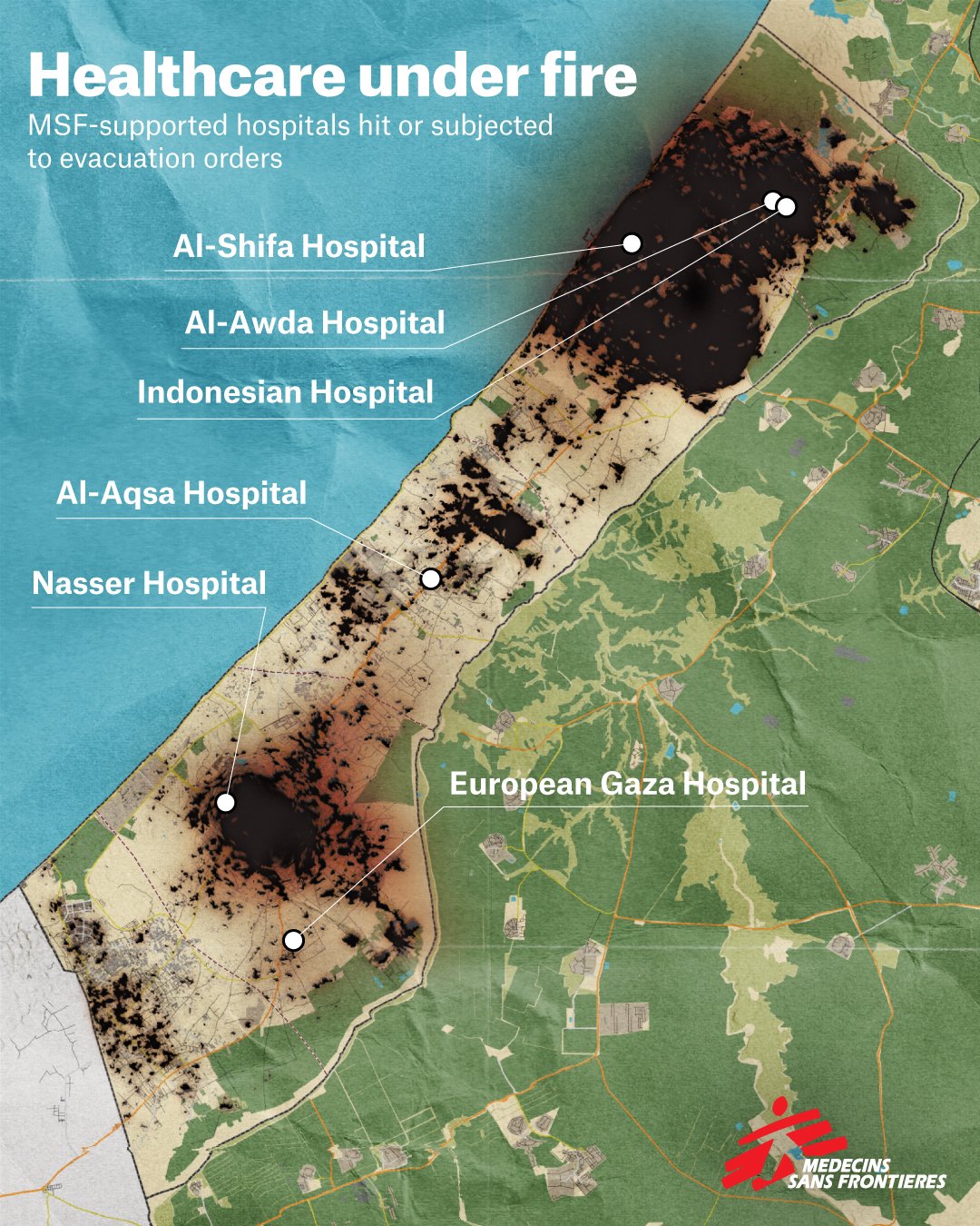 Map showing the hospitals where MSF have been working or given support after 100 days of the siege over Gaza. © MSF